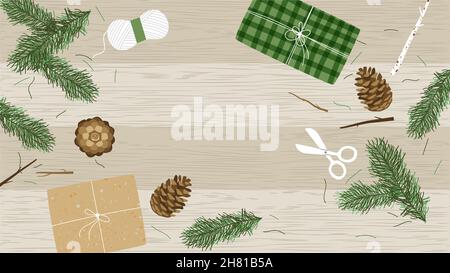 Christmas background illustration concept. Wood table top view with winter pine tree decoration and recycled wrapping paper gift box. Handmade holiday Stock Vector
