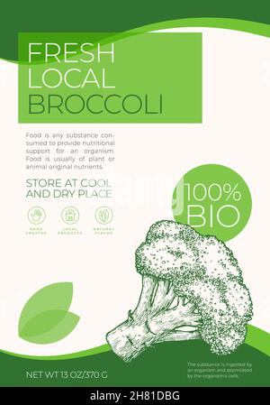 Fresh Local Vegetables Label Template. Abstract Vector Packaging Design Layout. Modern Typography Banner with Hand Drawn Broccoli Sketch Silhouette Stock Vector