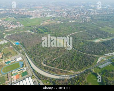 Aerial view of The Autodromo Nazionale of Monza, that is a race track located near the city of Monza, north of Milan, in Italy. Drone shot of Monza. Stock Photo