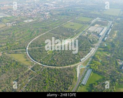 Aerial view of The Autodromo Nazionale of Monza, that is a race track located near the city of Monza, north of Milan, in Italy. Drone shot of Monza. Stock Photo