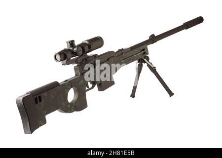 Wooden toy sniper rifle painted black with telescopic sight isolated on white background Stock Photo