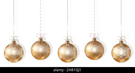 Set of realistic gold Christmas tree balls with a pattern. Christmas tree gold balls hanging on white background. Christmas tree toys. Gold and white Stock Vector