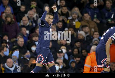 Kylian Mbappe of PSG celebrates his goal during the UEFA Champions League, Group A football match between Manchester City and Paris Saint-Germain (PSG) on November 24, 2021 at Etihad Stadium in Manchester, England - Photo: Jean Catuffe/DPPI/LiveMedia Stock Photo