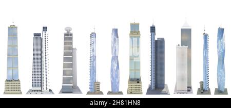 Set of highly detailed urban skyscrapers with fictional design and blue cloudy sky reflection - isolated, different angles views 3d illustration of ar Stock Photo