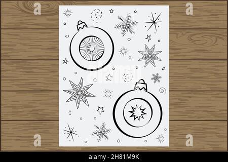 painted snowflakes and Christmas balls on a wooden background Stock Vector
