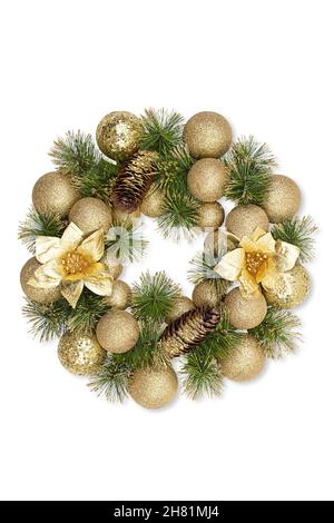 Christmas round wreath with golden glittering balls, poinsettia bow, pine cones and fir branches on white isolated background. New Year. Design elemen Stock Photo