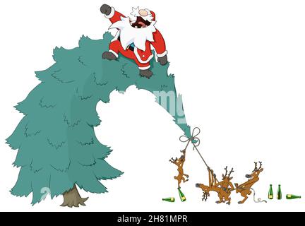 Christmas party celebration humorous cartoon, Santa reckless drunken flight launch ready, color vector, isolated, horizontal Stock Vector