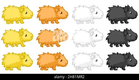 Guinea pig walking cartoon design element set, isolated color vector, horizontal Stock Vector