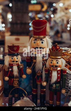 Christmas toy tree wooden soldier Nutcracker figurines. Traditional festive decor, New Year details Stock Photo