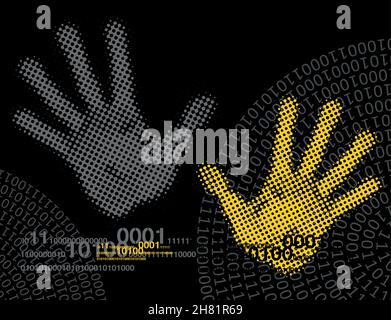 Hands and Spiral binary code background. Illustration of handprints with binary codes on black backdrop. Vector available. Stock Vector
