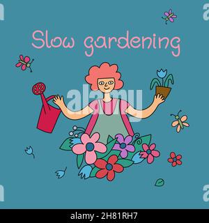 Slow gardening, slow living concept. Happy girl with flowers and watering can. Hand drawn text. Stock Vector