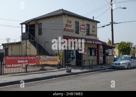 Los Angeles, CA USA - August 24, 2021: The famous Hawkins House of Burgers in the Watts District of LA is threatened due to a property line dispute Stock Photo