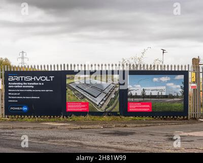Britishvolt sign at North Blyth/Cambois in Northumberland, UK on the site of a plant to produce sustainable low carbon battery cells. Stock Photo