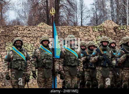 Kazan, Russia. 08 November 2021. Soldiers of the Armed Forces of Kazakhstan. Army exercises of Collective Security Treaty Organization countries. Flag Stock Photo