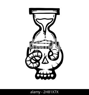 Cartoon skull, hand drawn vector illustration with worm and sand clock Stock Vector
