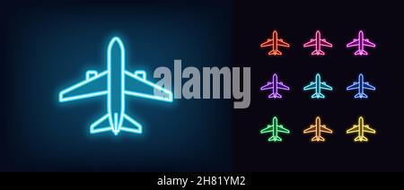 Outline neon airplane icon. Glowing neon plane sign, aircraft pictogram in vivid colors. Personal airplane, private jet, air journey and transportatio Stock Vector