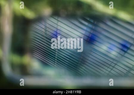 A fuzzy window with open Venetian blinds and bokeh background. Stock Photo