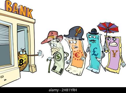 Cryptocurrency versus cash. Bitcoin does not let the dollar, yen, pound and euro into the bank Stock Vector