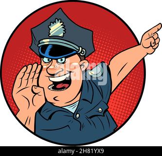 a friendly police man, pointing in the direction. The sheriff is helping. Isolate on a white background Stock Vector