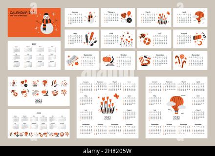 Set of calendars 2022 in tiger style. New Year of tiger. 12 monthly pages  and cover. Wall table calendars 2022. Vector illustrations. Weather and  Stock Vector Image & Art - Alamy