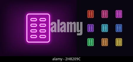 Outline neon pills icon. Glowing neon capsules sign, medicament pack pictogram in vivid colors. Package with drug capsules, medicaments, therapeutic Stock Vector