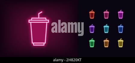 Outline neon drink icon. Glowing neon glass, takeaway drink cup with straw, paper glass pictogram. Fruit juice, cold tea and coffee to go, milk cockta Stock Vector