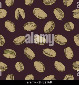 Seamless pattern with pistachio nuts. In brown background Stock Vector