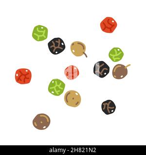 Black, green, white, and pink peppercorns. Vector flat illustration Stock Vector