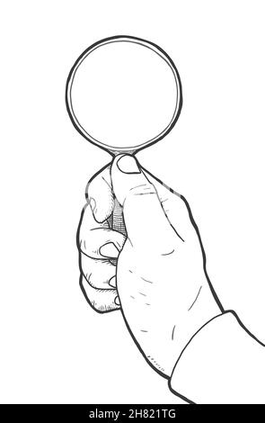 Hand holding magnifying glass, hand drawn. Stock Vector