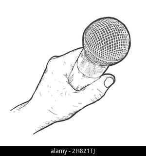 Hand drawn hand, with microphone, vector illustration. Stock Vector