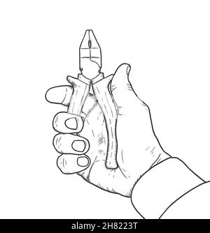 Hand drawn hand with pliers, vector illustration. Stock Vector