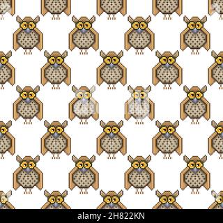 Owl pixel seamless pattern, in the vector. Isolated on white. Stock Vector