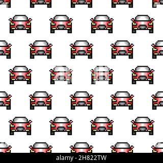 Pixel art style car seamless pattern, colorful vector illustration. Car seamless pattern for textile, card, wrapping paper and various kids staff desi Stock Vector