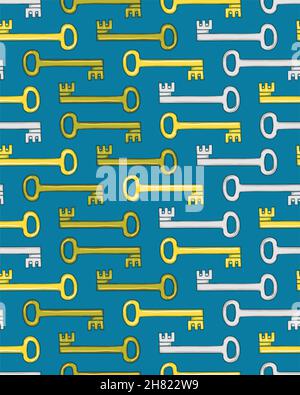 Hand drawn lock and key vector seamless pattern on blue background. Stock Vector