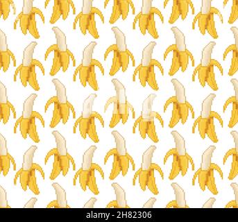 Banana vector seamless pattern. Bunches of fresh yellow bananas. Pixels art. Stock Vector