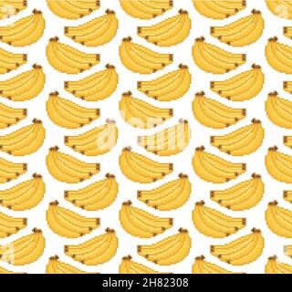 Banana vector seamless pattern. Bunches of fresh yellow bananas. Pixels art. Stock Vector