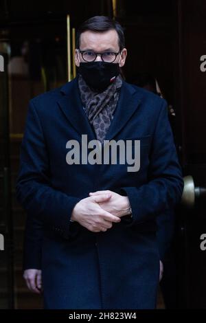 London, UK. 26th November, 2021. The Prime Minister of Poland Mateusz Morawiecki is pictured leaving TV studios. Mr Morawiecki had earlier attended a meeting with UK Prime Minister Boris Johnson inside 10 Downing Street. Credit: Mark Kerrison/Alamy Live News Stock Photo