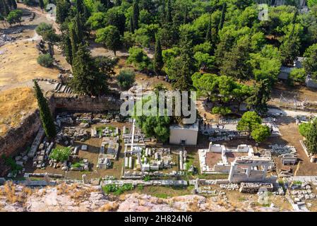 Ancient Greek ruins view from Acropolis top, Athens, Greece, Europe. Urban landscape of old Athens in summer. Scenery of remains of classical Athens c Stock Photo