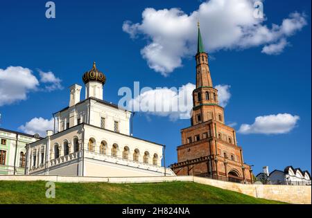 Suyumbike Tower in Kazan Kremlin, Tatarstan, Russia. This leaning building is famous tourist attraction of Kazan. View of old landmark and Historical Stock Photo