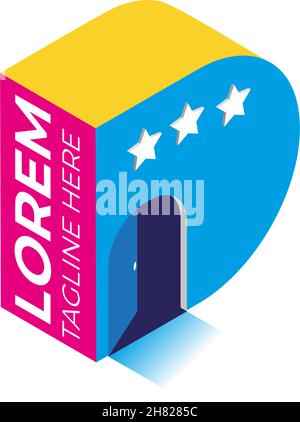 logo design isometric D letter with opened door and stars for hotel, on any Stock Vector