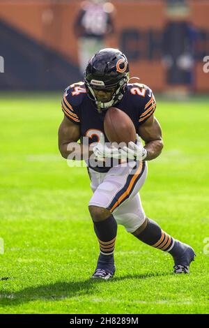 Chicago, Illinois, USA. 21st Nov, 2021. - Bears #24 Khalil Herbert warms up before the NFL Game between the Baltimore Ravens and Chicago Bears at Soldier Field in Chicago, IL. Photographer: Mike Wulf. Credit: csm/Alamy Live News Stock Photo