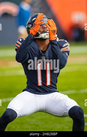 Chicago, Illinois, USA. 21st Nov, 2021. - Bears #11 Artavis Pierce warms up before the NFL Game between the Baltimore Ravens and Chicago Bears at Soldier Field in Chicago, IL. Photographer: Mike Wulf. Credit: csm/Alamy Live News Stock Photo