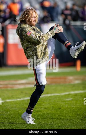 Chicago, Illinois, USA. 21st Nov, 2021. - Bears #59 Cassius Marsh warms up before the NFL Game between the Baltimore Ravens and Chicago Bears at Soldier Field in Chicago, IL. Photographer: Mike Wulf. Credit: csm/Alamy Live News Stock Photo