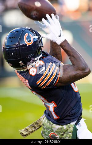 Chicago, Illinois, USA. 21st Nov, 2021. - Bears #11 Artavis Pierce warms up  before the NFL Game between the Baltimore Ravens and Chicago Bears at  Soldier Field in Chicago, IL. Photographer: Mike