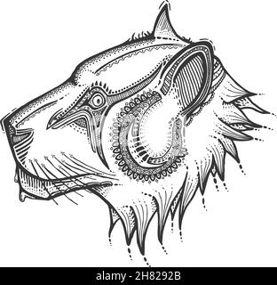 Hand drawn head of lion, vector illustration, ancient style Stock Vector