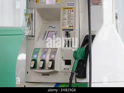 New York, USA. 26th Nov, 2021. A fueling area at a gasoline station is operational and ready to service automobiles in New York City on Friday, November 26, 2021. Oil prices fell across the board by over 10% on fears of a possible new COVID-19 variant discovered in Southern Africa. Photo by John Angelillo/UPI Credit: UPI/Alamy Live News Stock Photo