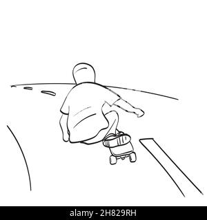 back view of man playing figure skating on a rural road  illustration vector isolated on white background line art. Stock Vector