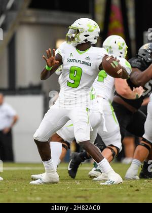 Orlando, FL, USA. 26th Nov, 2021. South Florida quarterback Timmy McClain (9) looks to throw the ball during 1st half NCAA football game between the USF Bulls and the UCF Knights at the Bounce House in Orlando, Fl. Romeo T Guzman/Cal Sport Media/Alamy Live News Stock Photo