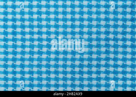 Shemagh of sky blue and white colors background. Texture of arab desert scarf keffiyeh close-up. Mesh cotton hirbawi macro. Kefia pattern full frame. Stock Photo