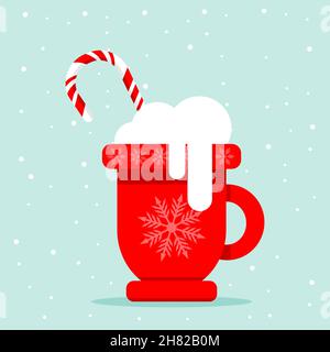 Cup of coffee with white milk foam and candy cane on blue background. Flat design vector illustration and copy space for text or design Stock Vector